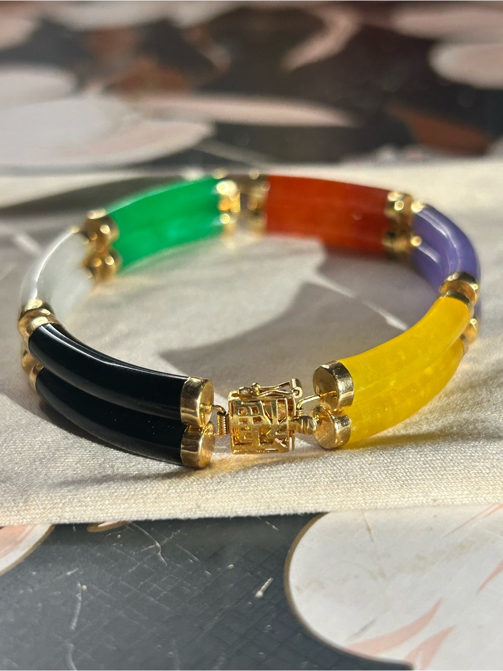 Multicolor Jade Double Link Bracelet Solid 14k Gold